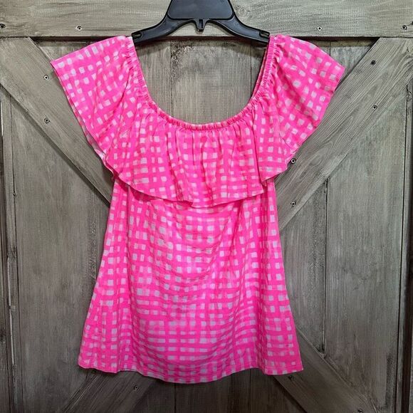 Lilly Pulitzer ruffle top pink white check - Picture 1 of 6